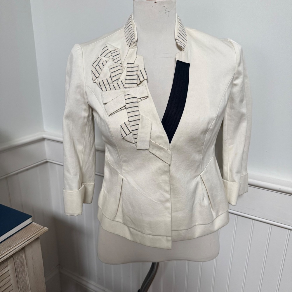 Floreat Anthropologie Cream Ribbon Applique Blazer Jacket Pinstripe Accents Sz 2